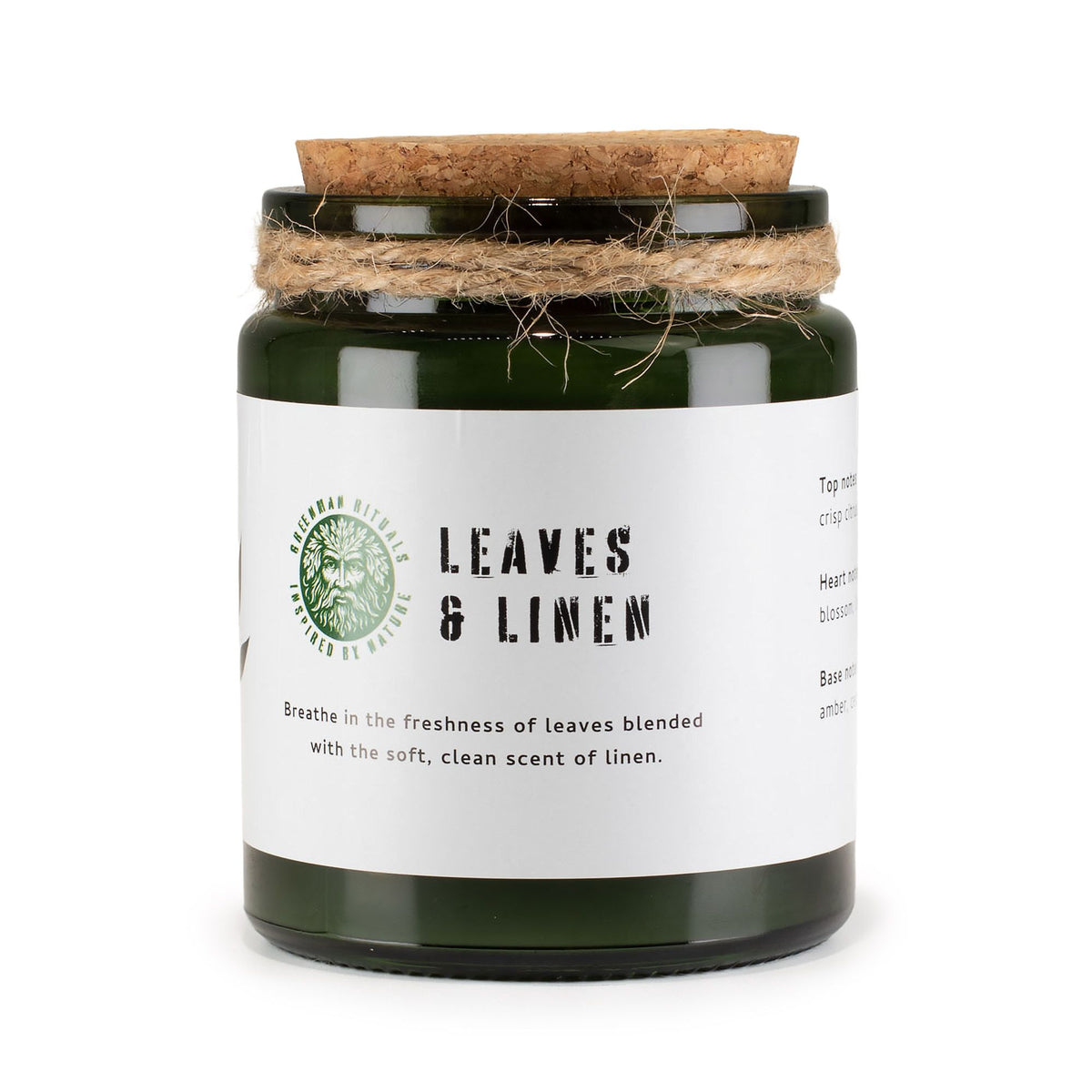 Vela de soja Woodwick · Hojas y Lino · Greenman