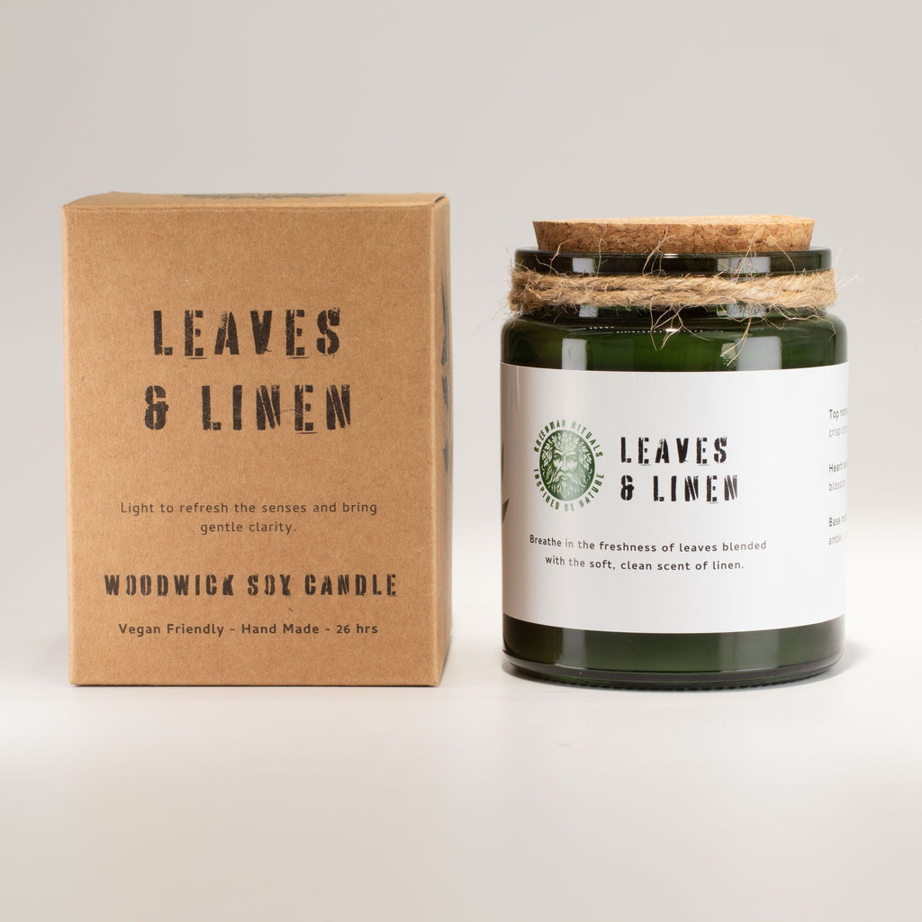 Vela de soja Woodwick · Hojas y Lino · Greenman