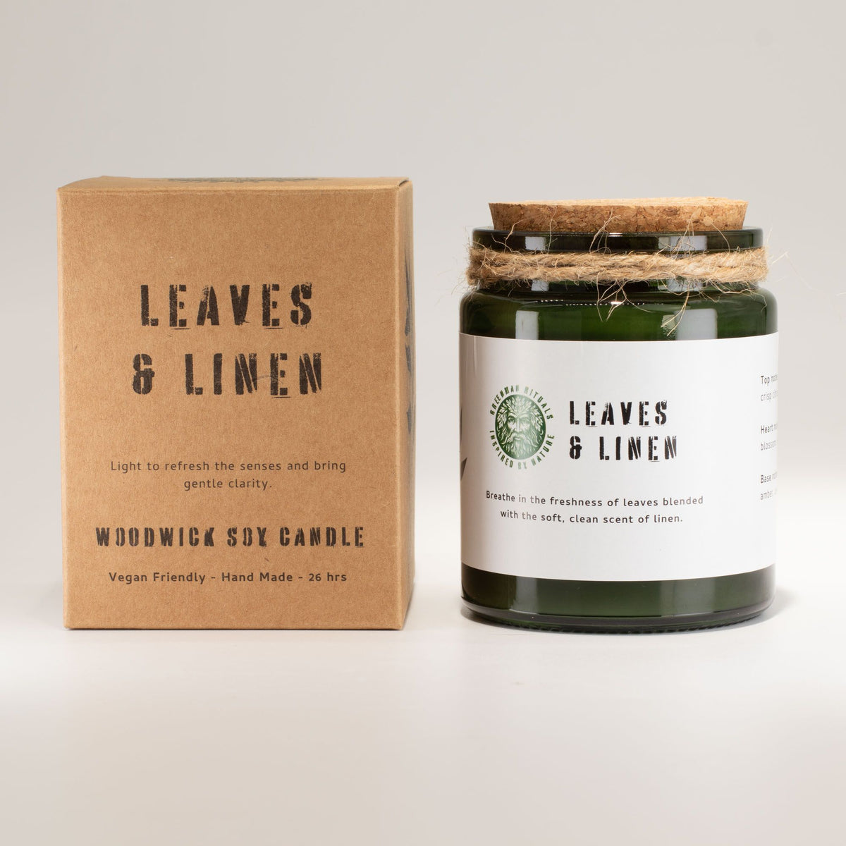Vela de soja Woodwick · Hojas y Lino · Greenman