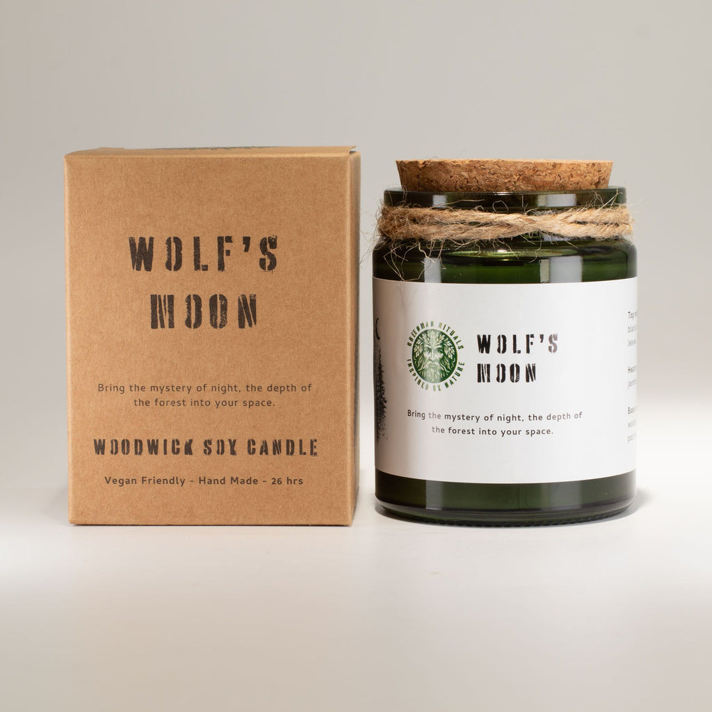 Vela de soja Woodwick · Luna del lobo · Greenman