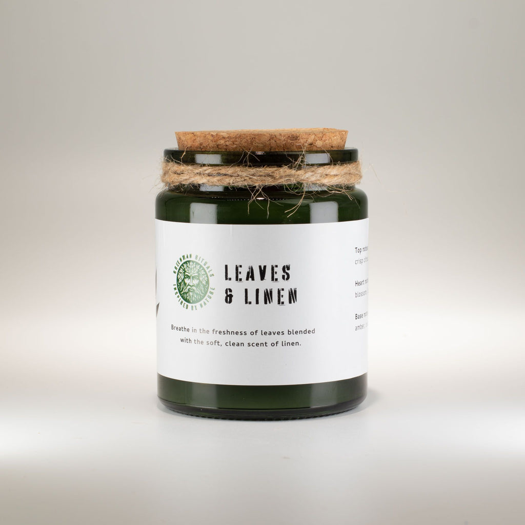 Vela de soja Woodwick · Hojas y Lino · Greenman