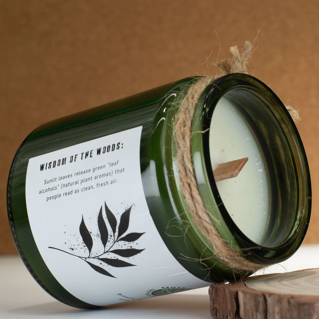 Vela de soja Woodwick · Hojas y Lino · Greenman