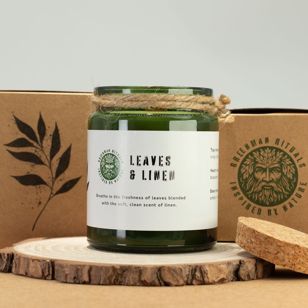 Vela de soja Woodwick · Hojas y Lino · Greenman