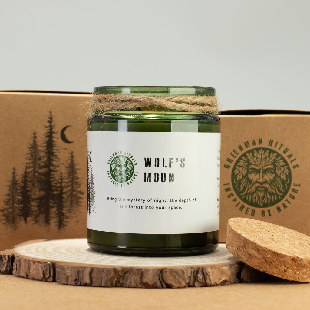 Vela de soja Woodwick · Luna del lobo · Greenman
