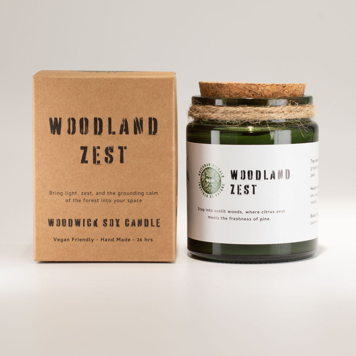 Vela de soja Woodwick · Esencia del bosque · Greenman