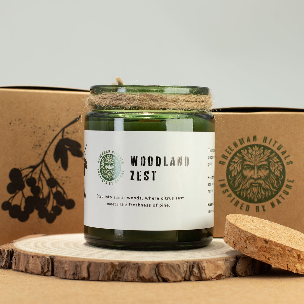 Vela de soja Woodwick · Esencia del bosque · Greenman